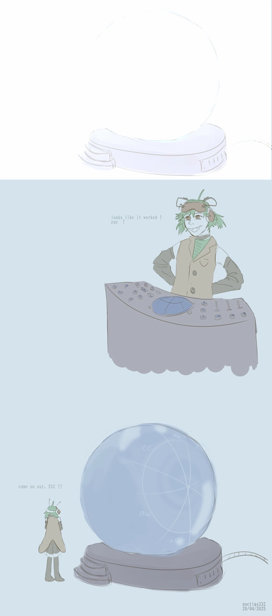 next 3 panels of the comic. the first panel shows the previously mentioned orb covered in the same bright light. the second panel shows fl chan standing at the control panel and saying 'looks like it worked ! yay !', while taking her goggles off. in the third panel fl chan standing beside the orb and says 'come on out, EUC !!'